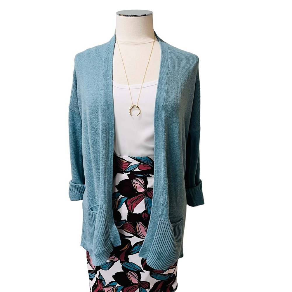 LOFT Petite Open Knit Long Cotton Blend Cardigan Blue Sz SP